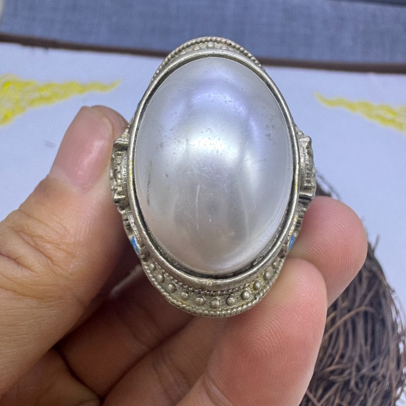 Vintage Collectible Jewelry - Hand Inlaid Large Cabochon Pearl Adjustable