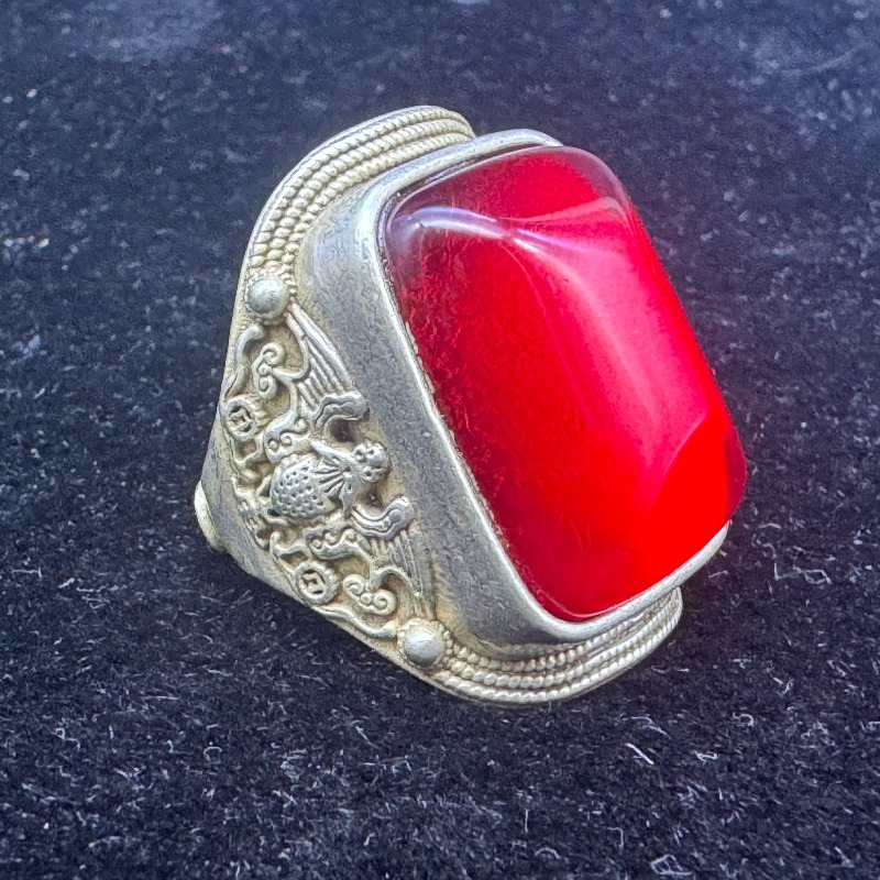 Vintage Collectible Jewelry - Retro Antiqued Tibetan Silver Ring Inlaid